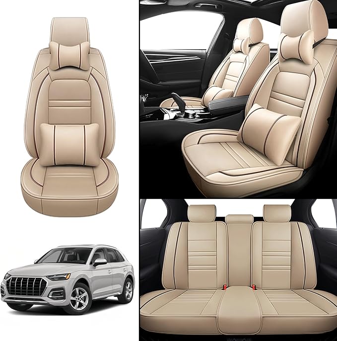 Car Seat Covers for Audi q5 2009-2025 | 5-Seats Seat Covers, Waterproof Seat Protectors, Automotive Seat Covers (Full Set with Pillow,Beige)