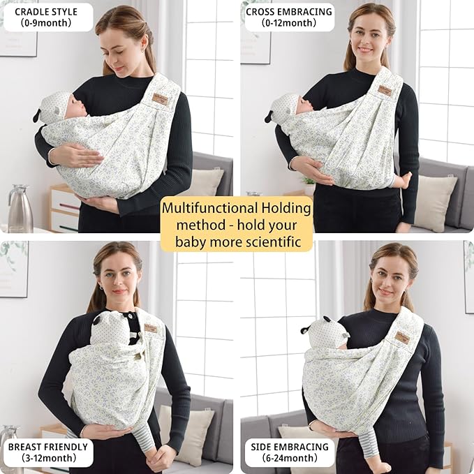 Baby Sling Carrier Newborn, Adjustable Easy Wearing Baby Nursing Warp Sling, New Mom Dad Soft Cotton Baby Front Holder Carrier for Infant Toddler Life Travel Essential Gifts (Yellow Flower)