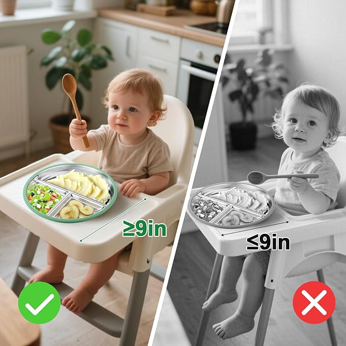 BUSOHA 2 Pack Stainless Steel Kids Plate with Suction - 9” Divided Toddler Baby Plates with Silicone Sleeves Non-Slip 2-in-1 Anti Breakage Metal Toddler Bowls Microwave Dishwasher Safe