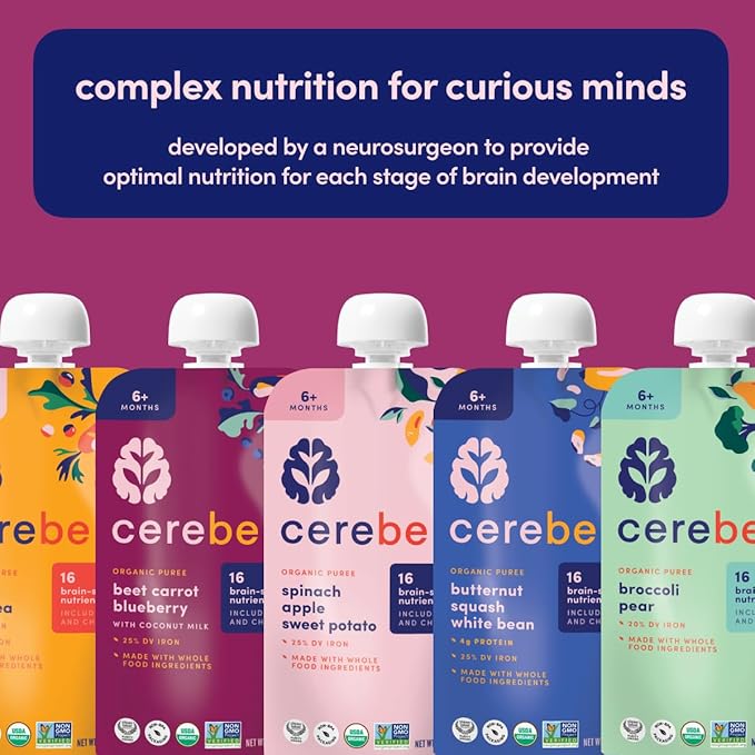 Cerebelly Organic Baby Food Pouches, Beet Carrot Blueberry Purees, 16 Nutrients, No Added Sugar, Fiber & Non-GMO, 4oz, 6 Pack
