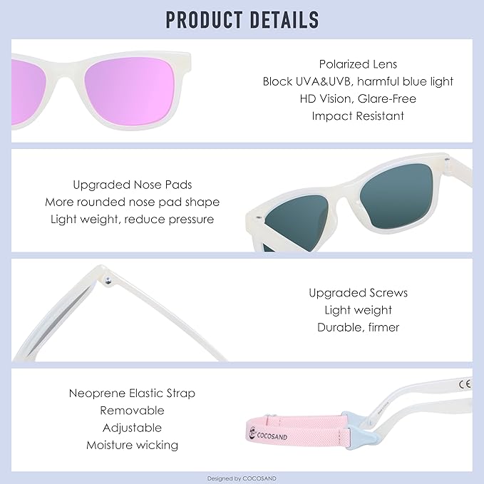 COCOSAND Flexible Baby Sunglasses with Strap Polarized UV Protection for Toddler Infant Newborn Boy Girl Age 0-24 Months