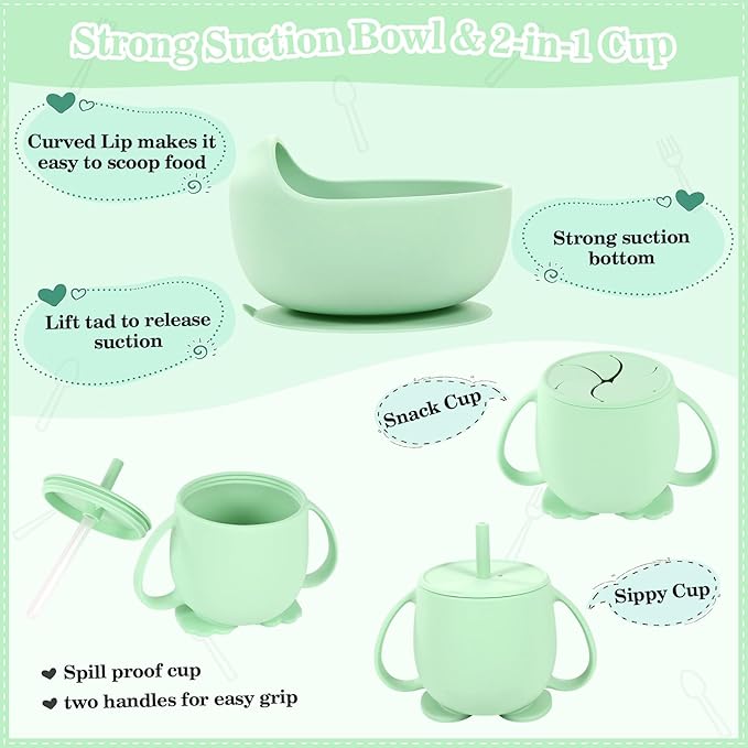 BXLL 10 Pcs Green Silicone Baby Feeding Set - Baby Led Weaning Supplies with Suction Bowl, Divided Plate, Bibs, Fruit Feeder, Pacifier, Spoons, Forks, Sippy Cup & Snack Cup