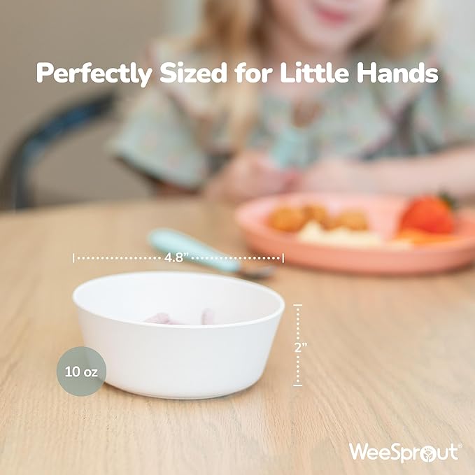 WeeSprout Bamboo Kids Bowls, Set of Four 10 oz Kid-Sized Bamboo Bowls, Dishwasher Safe Kid Bowls (Blue, Green, Gray, & Beige)