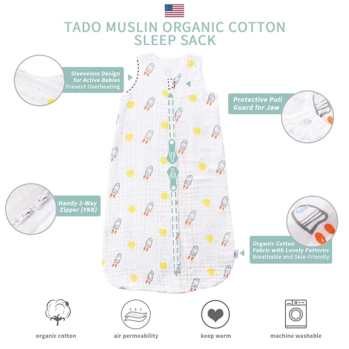 TADO MUSLIN Toddler Sleep Sack 2-4T, 0.5 TOG Lightweight Wearable Blanket, 100% Organic Cotton Muslin, Sleeveless, 2-Way YKK Zipper, OEKO-TEX Certified, Rocket