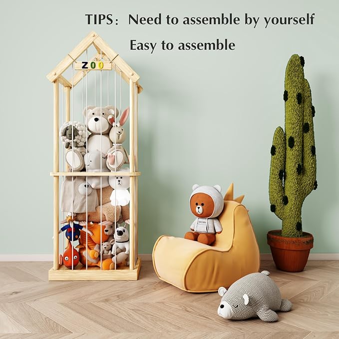 Stuffed Animal Storage Stuffed Animal Zoo Wood Soft Toy Organizer Plush Toy Holder Nursery Room Organizer Zoo Cage Stuffed Animal Holder with Zoo Pattern Gift for Nursery Playroom