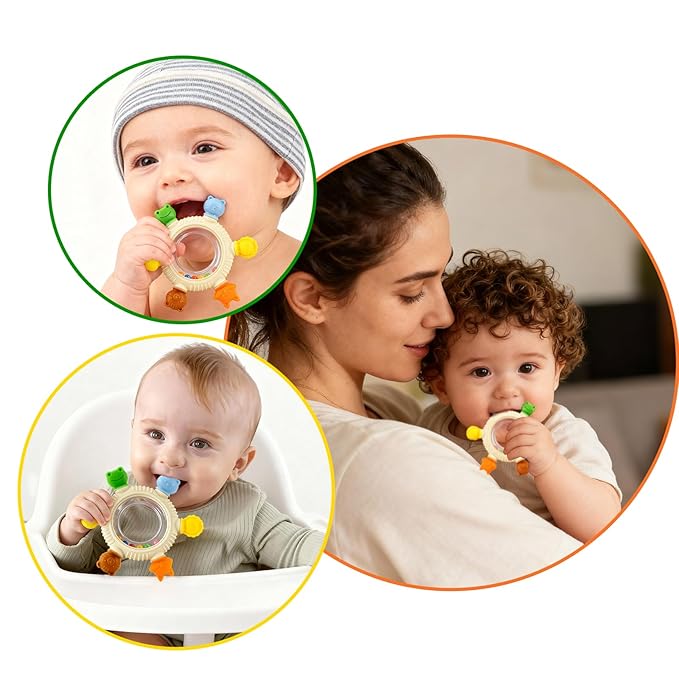 Baby Teething Toy for 0-6 6-12 Months Sensory Toys Baby Rattle Teether | Freezer Safe Silicone Teether | Silicone Baby Teething Ring for Teething Relief | BPA Free, Easy Grip Design for Infants