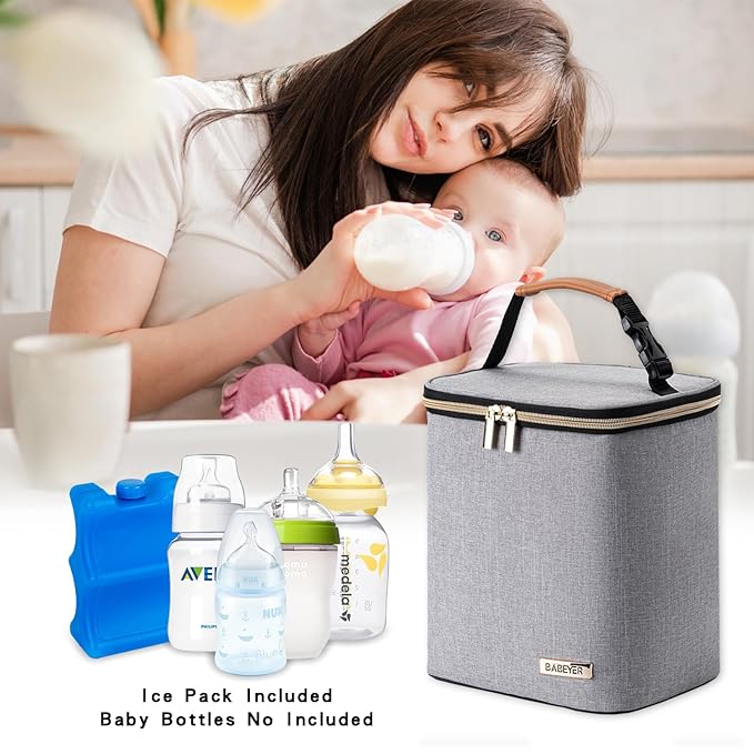 Breast Milk Cooler Bag with Ice Pack Fits 4 Baby Bottles Up to 9 Ounce, Baby Bottle Bag for Nursing Mom Daycare, Grey