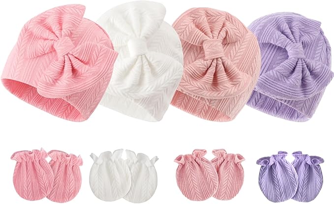 BQUBO Newborn Baby Hats Mittens Set Hospital Hat Beanie Infant Bow Hats Baby Gloves No Scratch Mittens for 0-6 Months