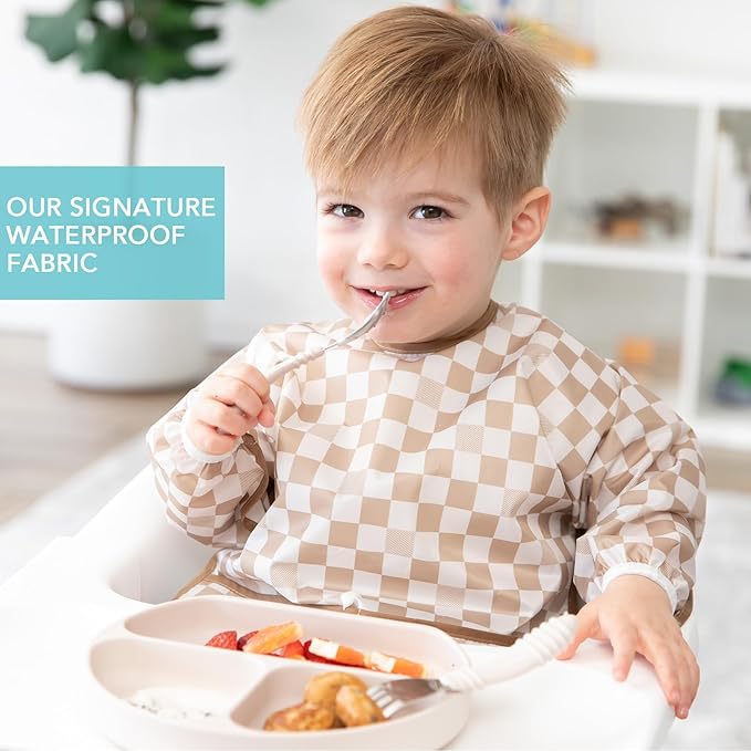 Bumkins - Sleeved Bib - For Boys & Girls, Babies & Toddlers 6-24 Months - Lightweight, Durable, Waterproof - Long Sleeve Bib - Catch-All Pocket - Wipeable & Machine Washable - Checks & Palms - 2 Pack