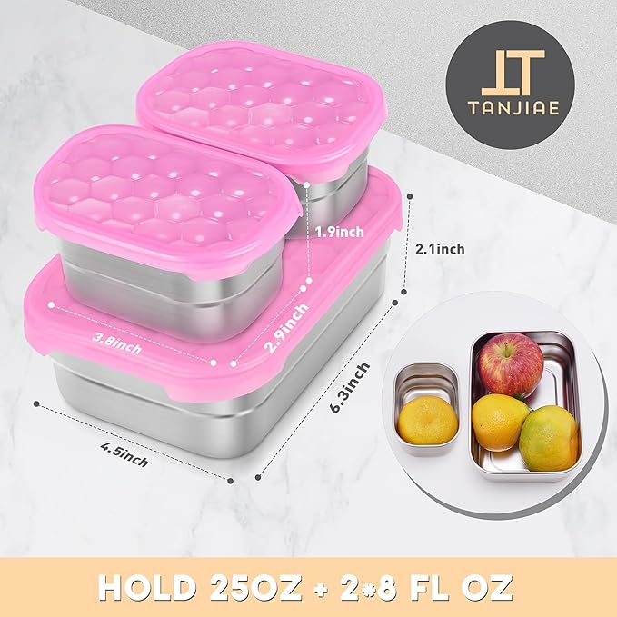 Small Stainless Steel Lunch Containers for Kids | Leak Proof BPA Free Snack Containers with Silicone Lids - Perfect Metal Snack Containers with Lids for School and Daycare (25oz+8oz*2)