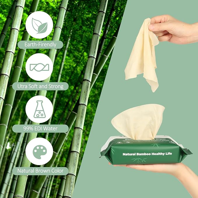 Bamboo Flushable Wipes,Septic Safe,Soft, Soothing Botanicals & Aloe, Unscented,Eco Friendly, Natural Brown Bamboo-Pulp Based Flusable Wipes for Women/kids/Adults 360Count (6 Packs of 60)