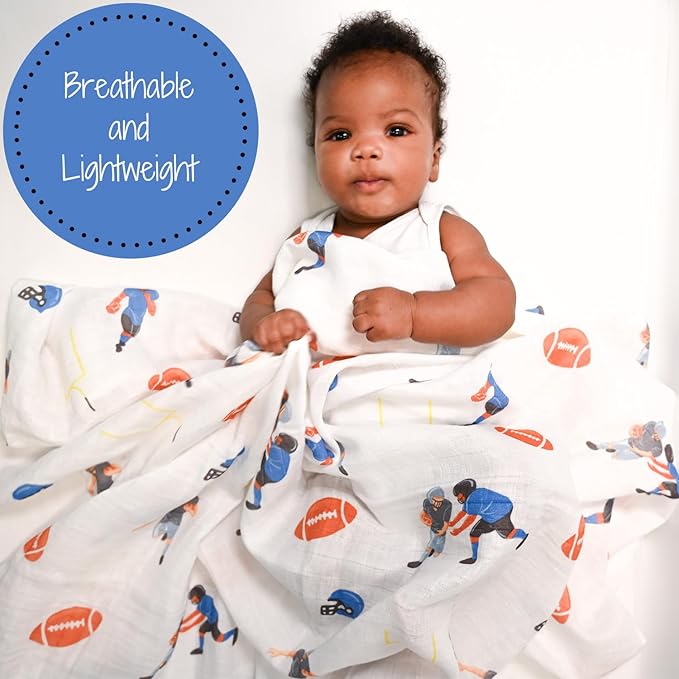 LollyBanks Swaddle Blanket 100% Muslin Cotton, 47 x 47 inches Soft Breathable Muslin Baby Swaddles for Boys, Baby Essentials, Registry and Gift (Football Print), Touchdown