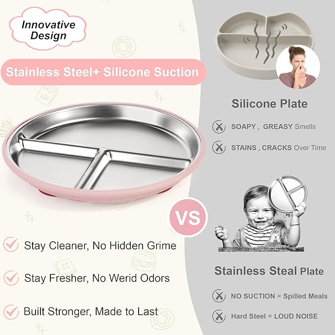 Bella's Friends Stainless Steel Kids Plates 8" Suction Plate for Baby,3 Packs Non-Toxic Divided Toddler Plates,Food-Grade Silicone Plate for Baby,Dishwasher Safe,purple,dark green,rose