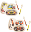 Kid Plate Set Toddler Plates Dinnerware Dinner Dish Set Baby Feeding Spill Proof Divided Plate - Baby Spoon and fork 3-Piece Set Teaches Child Portion Control (excavator/crane)