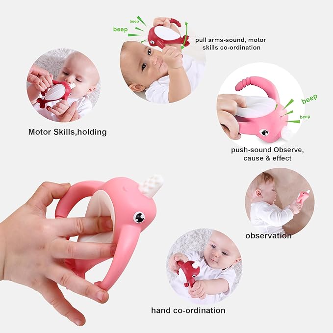 Smily Mia Narwhal Silicone Baby Teething Toys for 3-6 6-12 Months, Teething Relief Toys, Food Grade Silicone Teether Baby Toys, Sensory Toys for Teething Babies, Baby Essential, BPA Free, Pink