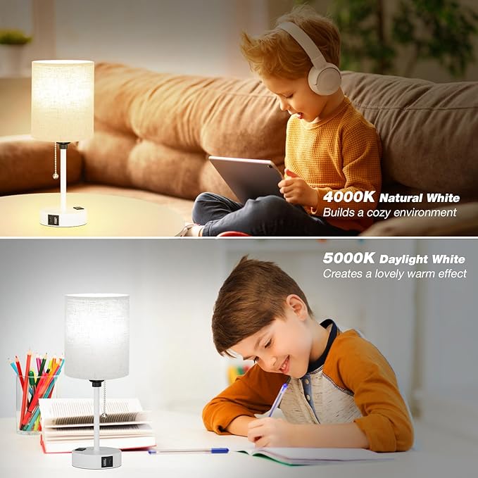 Small Bedside Lamp for Bedroom Nightstand - 3000K 4000K 5000K Bedside Lamps with USB C and A Ports, Pull Chain Table Lamps with AC Outlet, Nightstand Lamps with White Metal Base for Kids Reading