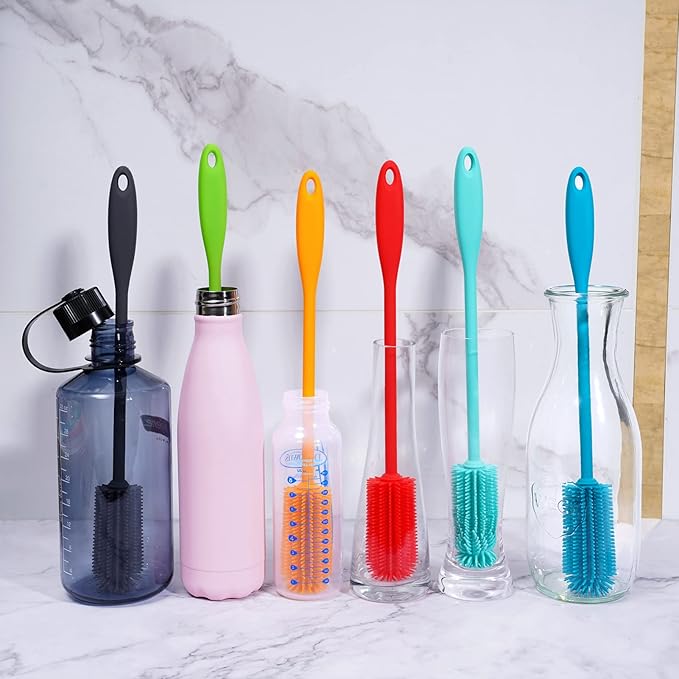 Silicone Bottle Brush, Water Bottle Cleaner Brush with Long Handle, Perfect for Cleaning Narrow Neck Containers, Vacuum Sports Bottle, Tumblers, Flask, Glassware (1 Pack, Charcoal)