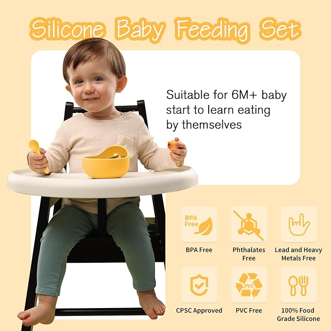 Baby Led Weaning Supplies, 17 Piece BPA-Free Silicone Feeding Set, Eating Essentials Baby Utensils with Suction Plate and Bowl, Pocket Bib, Sippy Cup with Lid, for 6+ Months, Yellow