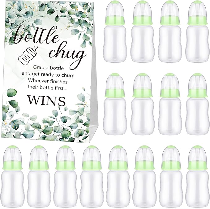 TrelaCo Bottle Chug Baby Shower Game 20 Pcs Baby Bottles Shower Favor with 1 Greenery Theme Sign for Gender Reveal Party Supplies Gifts(Green)