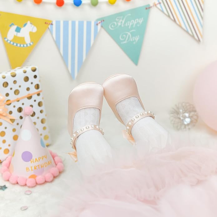 Baby Girls Mary Jane Flats - Infant Newborn Walking Shoes Soft Rubber Sole Princess Wedding