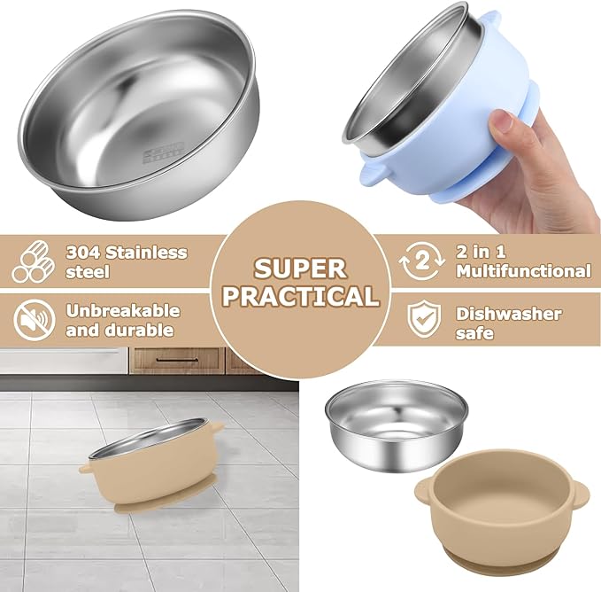 2 Pack Stainless Steel Baby Bowls with Removable Non-Slip Silicone Suction Shell, Anti Scald Food Container for Baby Food Feeding-Skyblue & Cream