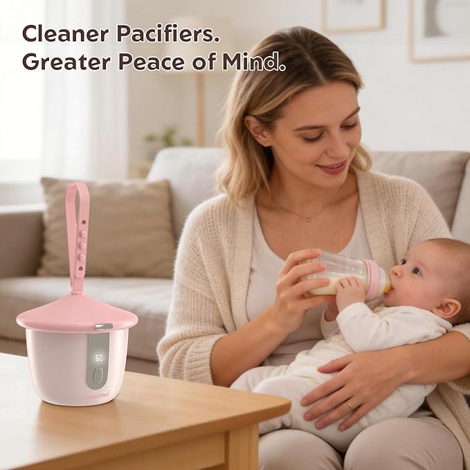 MomMed Portable Pacifier Sanitizer with Smart Display, Dual 60/180s Disinfection Modes, Auto Shut-Off, UV Pacifier Holder Case for Baby Pacifiers, Teethers, Bottle Nipples and More(Pink)