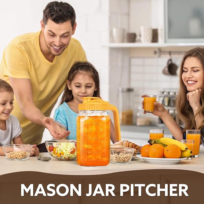 Glass Pitcher with Lid, 64 OZ Mason Jar Pitcher Double Leak Proof, 2 Quart Breast Milk Storage Containers for Fridge, Wide Mouth Glass Jar for Sun Tea, Juice, Cold Brew Coffee