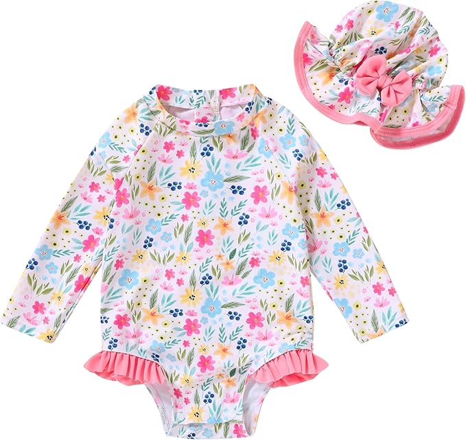 Infant Baby Girl Swimsuit One-Piece Long Sleeve Rash Guard with Hat Set Floral Zipper Bathing Suit Leopard Beach Wear
