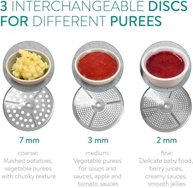 Navaris Food Mill - Stainless Steel Food Mill 1.26-Quart with Hand Crank and 3 Grinding Discs - Grind & Puree Tomato Sauce, Mashed Potatoes - or for Canning Applesauce