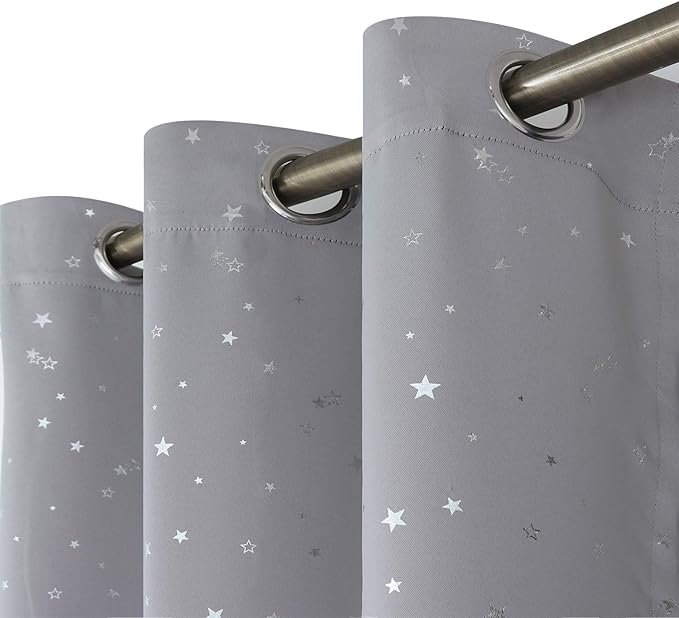 BGment Light Grey Star Blackout Curtains for Kid's Bedroom - Grommet Thermal Insulated Room Darkening Printed Curtains for Living Room, Set of 2 Panels (52 x 63 Inch, Light Grey)