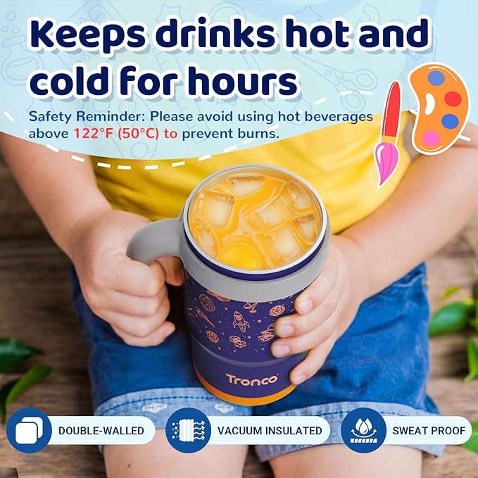 Tronco 14 oz Kids Insulated Tumbler with Handle & Spill Resistant Flexible Straw, BPA-Free Stainless Steel Toddler Cups with Lids, Splash-Proof Kid Drinking Cup Travel Mugs, Easy to Clean