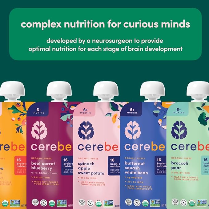 Cerebelly Organic Baby Food Pouches, Kale Sweet Potato Apple Purees, 16 Nutrients, No Added Sugar, Fiber & Non-GMO, 4oz, 6 Pack