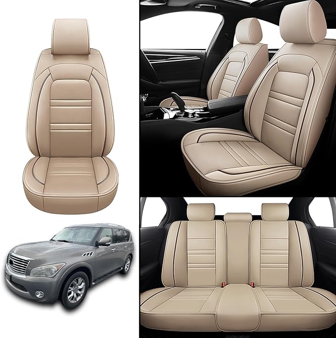 Seat Covers for Infiniti qx56 2004-2013 | 5-Seats Leather Seat Covers, Easy to Install Automotive Seat Covers Full Set (Full Set, Beige)