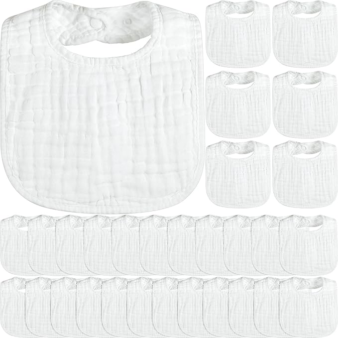 Reginary 30 Pack White Muslin Baby Bibs Bulk Adjustable 6 Layers Baby Bandana Drool Bibs for Boys Girls Newborn Cotton Soft Absorbent Muslin Burp cloth for Drooling and Teething