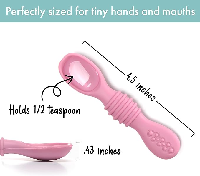 PrimaStella Silicone Chew Spoon Set for Babies and Toddlers - Safety Tested - BPA Free - Microwave, Dishwasher and Freezer Safe - Rosy Shades