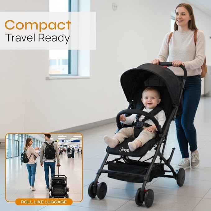 Jovial Lightweight Baby Stroller, Folding Travel Stroller with Reclining Seat, Canopy, 5-Point Safety Harness, Storage Basket, Smooth Wheels, Compact Portable Design (39.8" x 18.7" x 32.3")