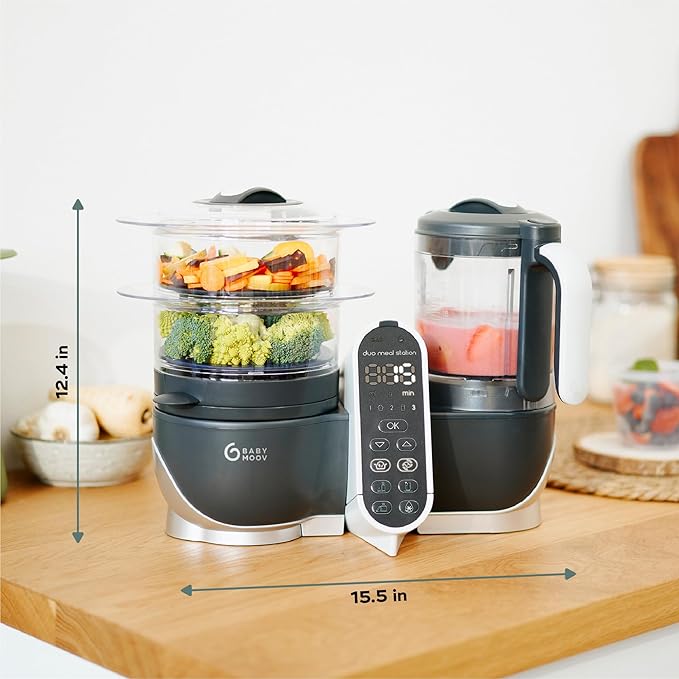 Babymoov Duo Meal Station Grey: Multi-Speed Baby Food Maker Steamer and Puree Blender, Baby Food Processor that warms & defrosts (Nutritionist Approved)