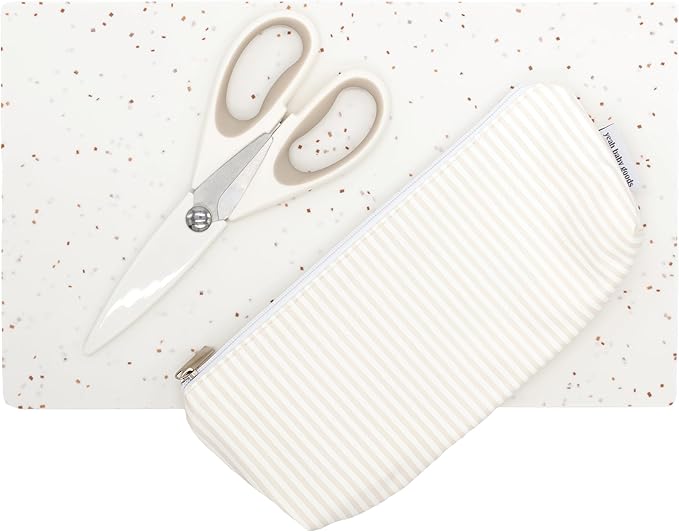 Yeah Baby Goods Toddler Restaurant Essentials Kit – Stripes Baby Feeding Set w/Food Scissors, Silicone Placemat & Wipeable Zipper Tote