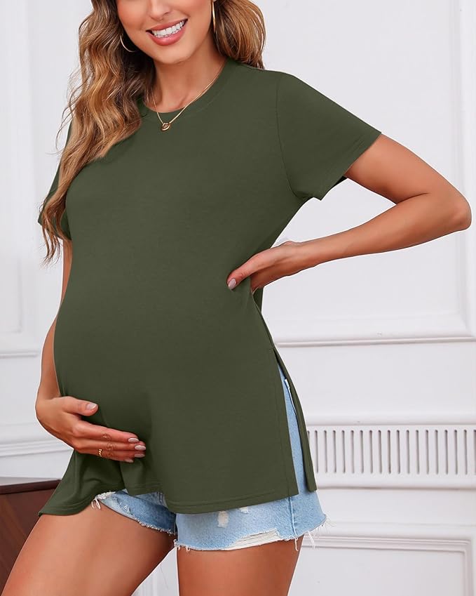 Ficerd 3 Pack Women's Maternity T Shirts, Short Sleeve Side Split Pregnancy Tops Casual Crew Neck Pregnant Tees Mama Clothes