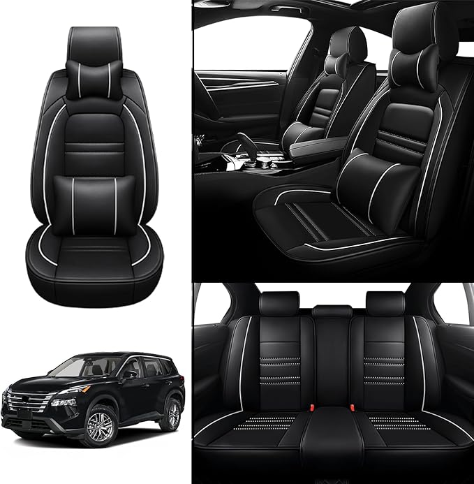 Car Seat Covers for Nissan Car Rogue 2008-2025 | 5-Seats Seat Covers, Waterproof Seat Protectors, Automotive Seat Covers (Full Set with Pillow,Black&White Line)