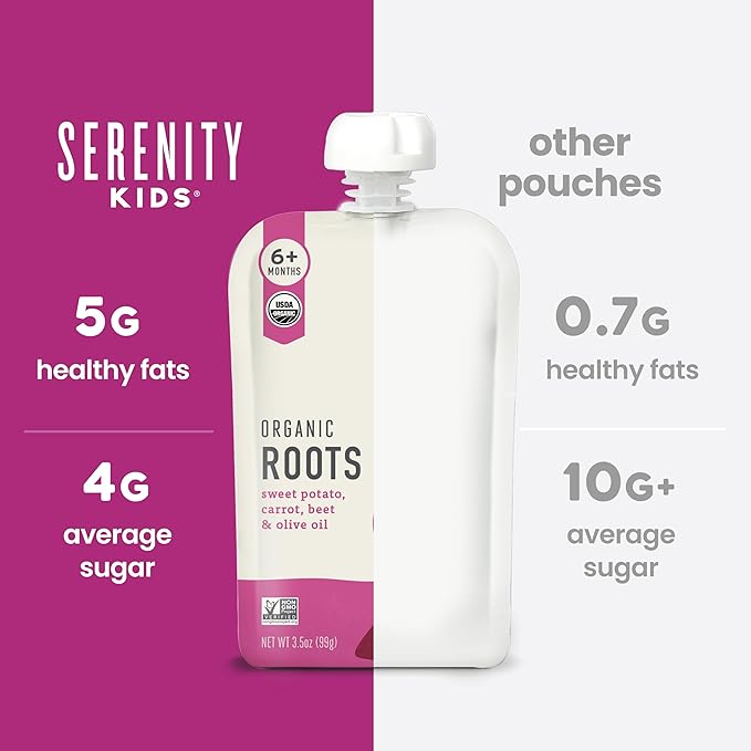 Serenity Kids 6+ Months Veggie Puree Baby Food Pouches - USDA Organic - No Sugary Fruits or Added Sugar - Allergen Free - 3.5 Ounce BPA-Free Packaging - Baby Food Pouch