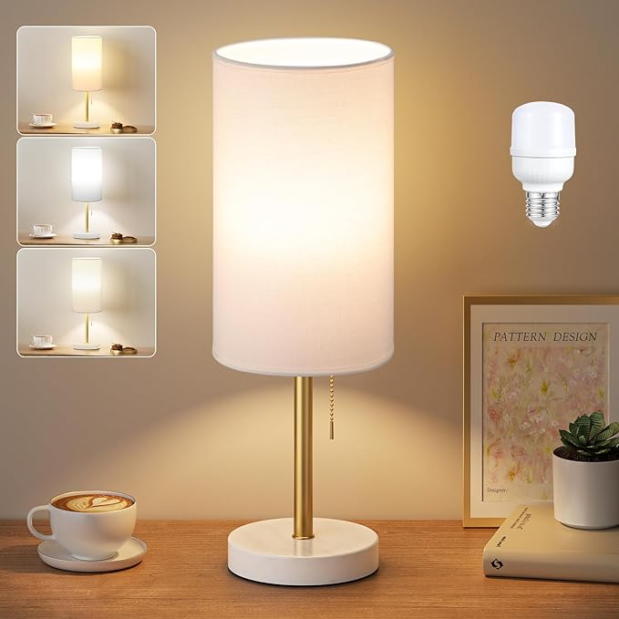 Dicoool Tall Bedside Table lamp for Bedroom - Luxury Marble Base & 3 Color Temperatures Bedside Lamps, Pull Chain Gold Table Lamps, White Nightstand Lamps for Living Room/Guest Room