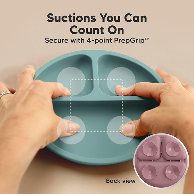 KeaBabies Suction Plates with Lids for Baby - 3-Pack 100% Silicone Toddler Plates with Suction, Divided, BPA-Free Baby Led Weaning Essentials for Kids, Dishwasher, Microwave Safe, Durable (Quantum)
