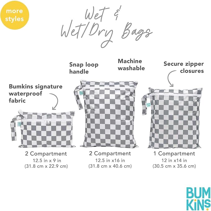 Bumkins - Waterproof Wet Bag, Wet/Dry Clutch & Clear Travel Bags - For Beach, Baby, Travel, Cloth Diapers, Pump Parts, Pool, Gym, Toiletries - Reusable & Easy to Clean - Black Check - 5 Pack