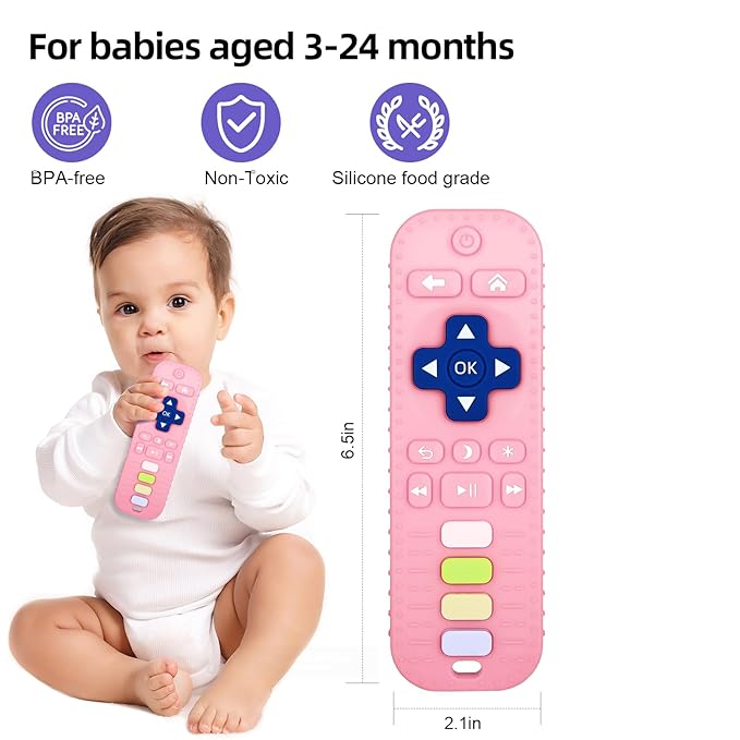 Chuya Baby Teether TV Remote Control Shape Teething Toys for Babies 3 6 9 12 18 24 Months for Infants Teething Relief Black+Pink