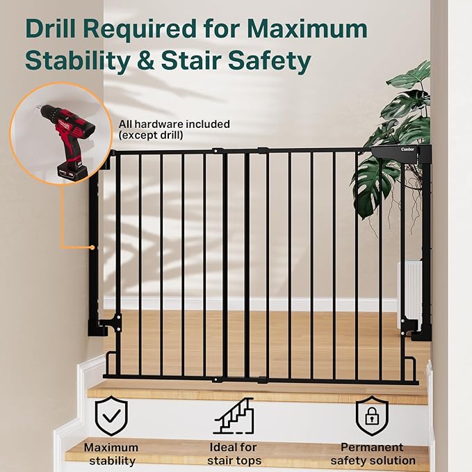 Cumbor 34" Extra Tall No Bottom Bar Baby Gate for Stairs, Wall Mounted Dog Gate Indoor for Larger Pets, Expandable 29.2-43" Safety Gate for Doorways, Wide Walk Thru Door for Easy Access (Black)