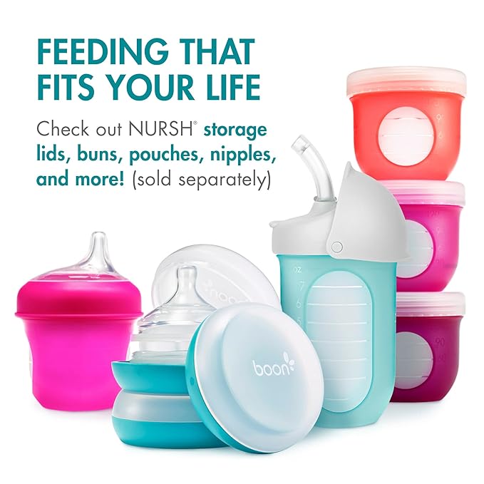 Boon Nursh Reusable Silicone Pouch Baby Bottles - Medium Flow Nipple - Silicone Baby Bottle Pouch and Nipple - Baby Feeding Essentials - Blue - 3-6 Months - 3 Count - 8 Ounce