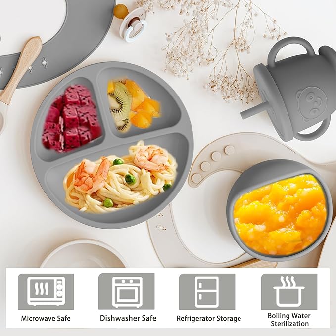 Silicone Baby Feeding Set | Baby Led Weaning Supplies Includes Suction Bowls and Divided Plates, Adjustable Bib, Baby Utensils Spoons and Forks,Cup | Baby Feeding Essentials (Grey)