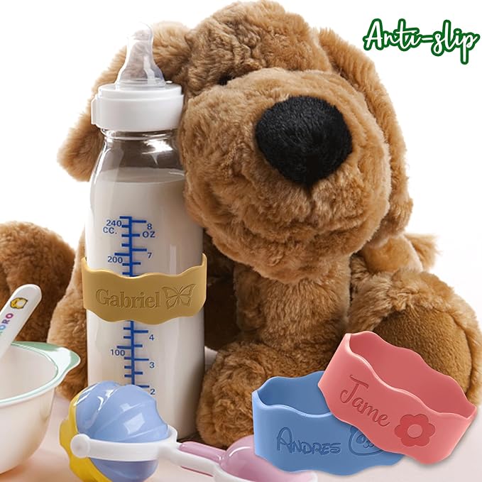 Personalized Baby Bottle Labels for Daycare Custom Water Bottle Name Bands Customized Engraved Silicone Baby Reusable Bottle Straps Labels for Cups School-Silicone Blue