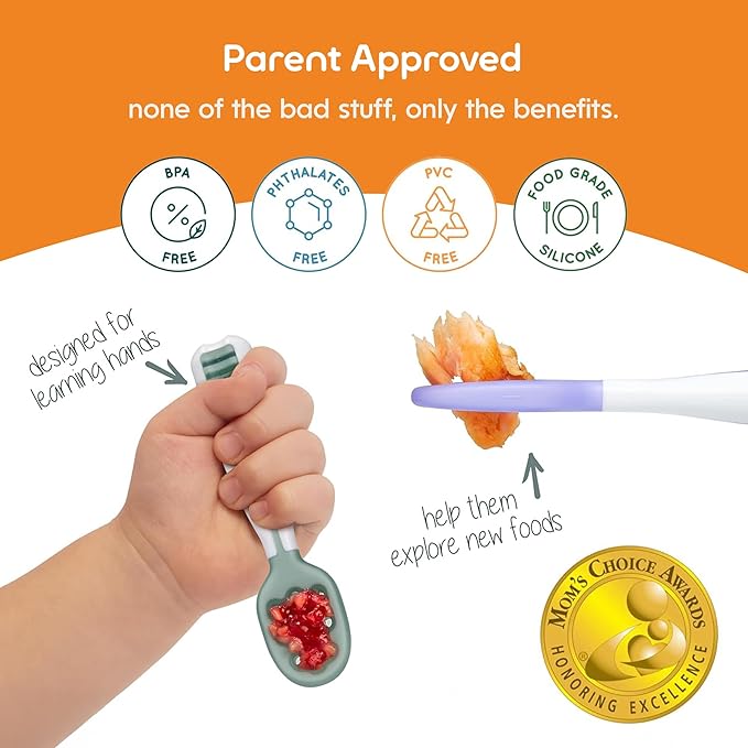 NumNum Baby Spoons Set, Baby Essentials Pre-Spoon GOOtensils for 6+ Months, First Stage Self-Feeding Spoons for Baby Led Weaning (BLW), Silicone Toddler Utensils, BPA-Free, 2 Pack Blue/Orange